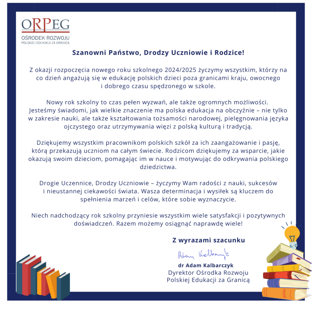 Życzenia Dyrektora ORPEG z okazji rozpoczęcia roku szkolnego 2024/25